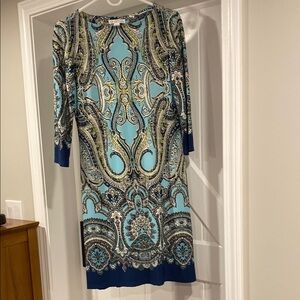 London Times Blue Sheath Dress with Cuffed Sleeves